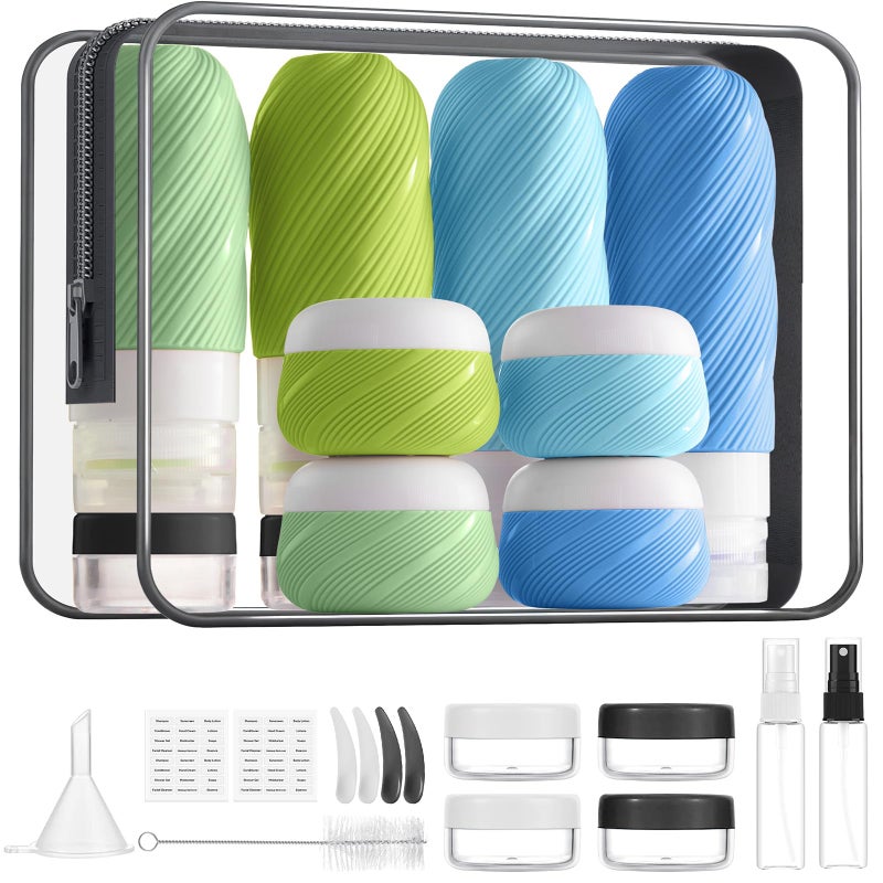 LitBear 23 Pack TSA Approved Travel Bottles for Toiletries, Leak Proof Refillable Travel Size Containers Kit with Silicone Squeezable Bottles Jars for Shampoo Lotion Conditioner, in Clear Bag, Blue - Image 1
